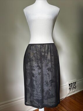 SMART SET Vintage Black Sheer Peekaboo Japanese Motif Goth Vamp Midi Skirt Large